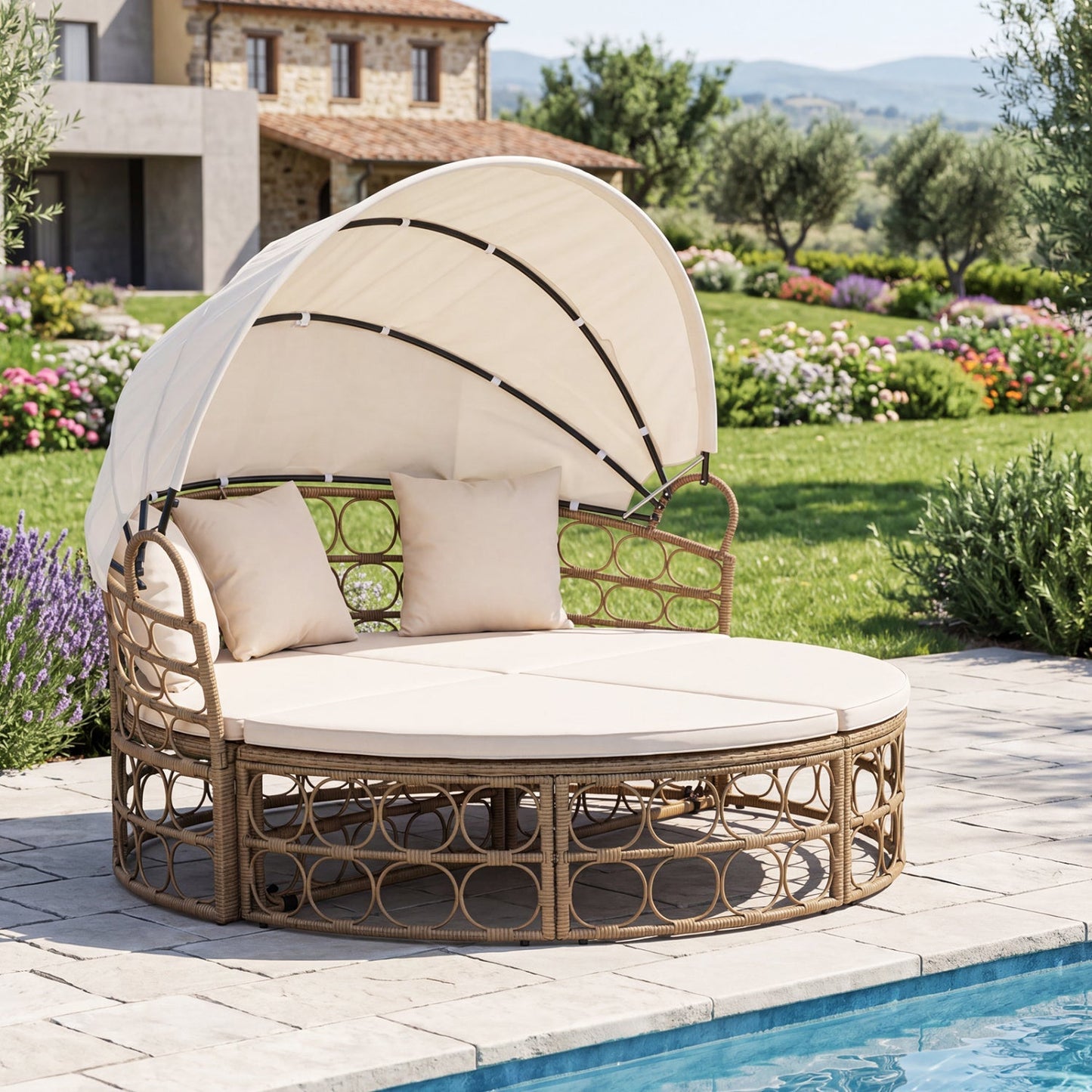 Outdoor Patio Daybed with Retractable Canopy and Cushions