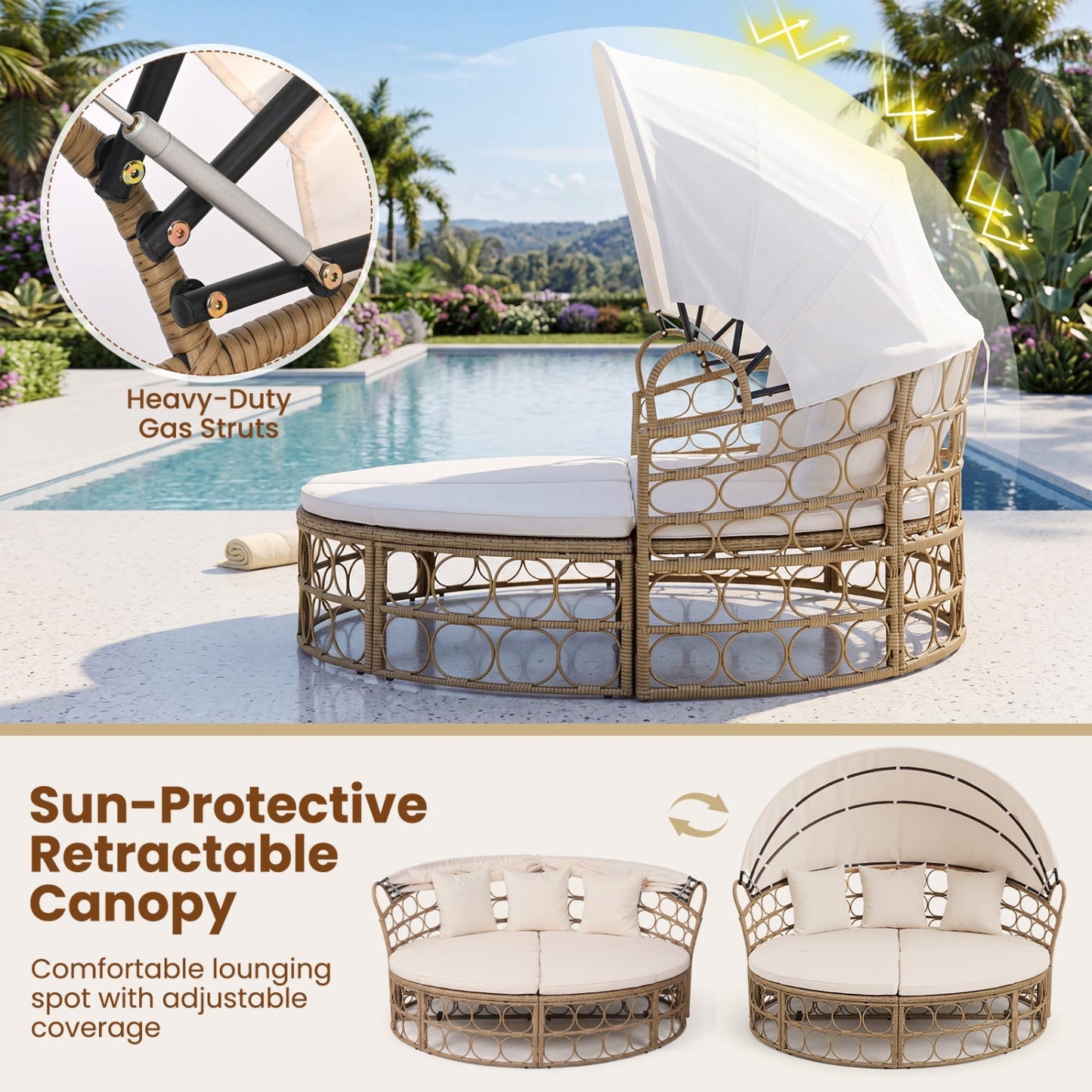 Outdoor Patio Daybed with Retractable Canopy and Cushions