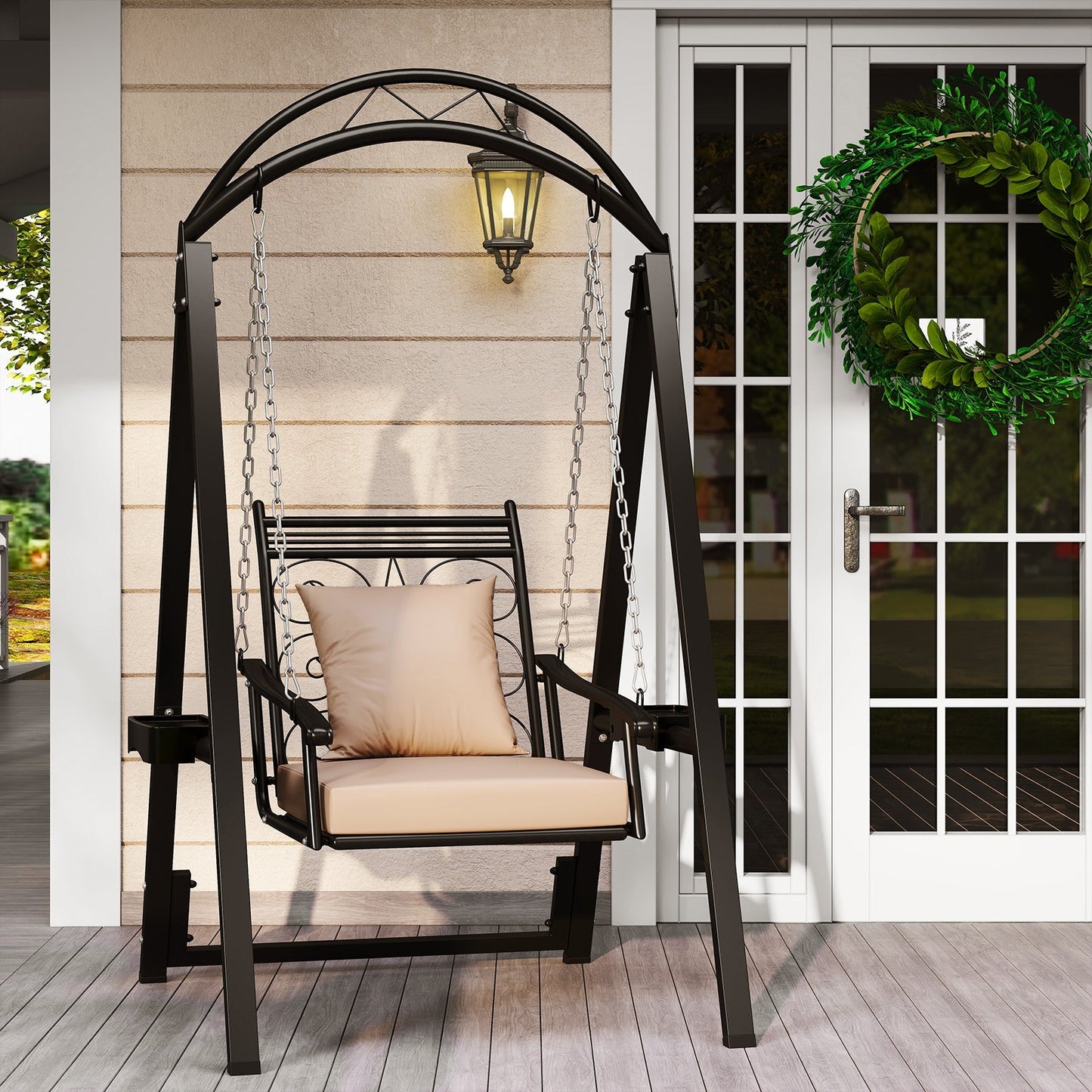 Outdoor Metal Porch Swing with Removable Cushions, Side Tables, and Leaf Pattern (Black)