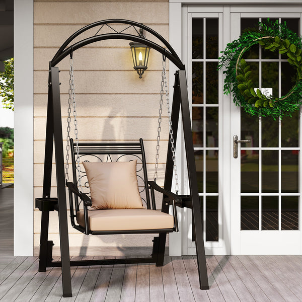 Outdoor Metal Porch Swing with Removable Cushions, Side Tables, and Leaf Pattern (Black)