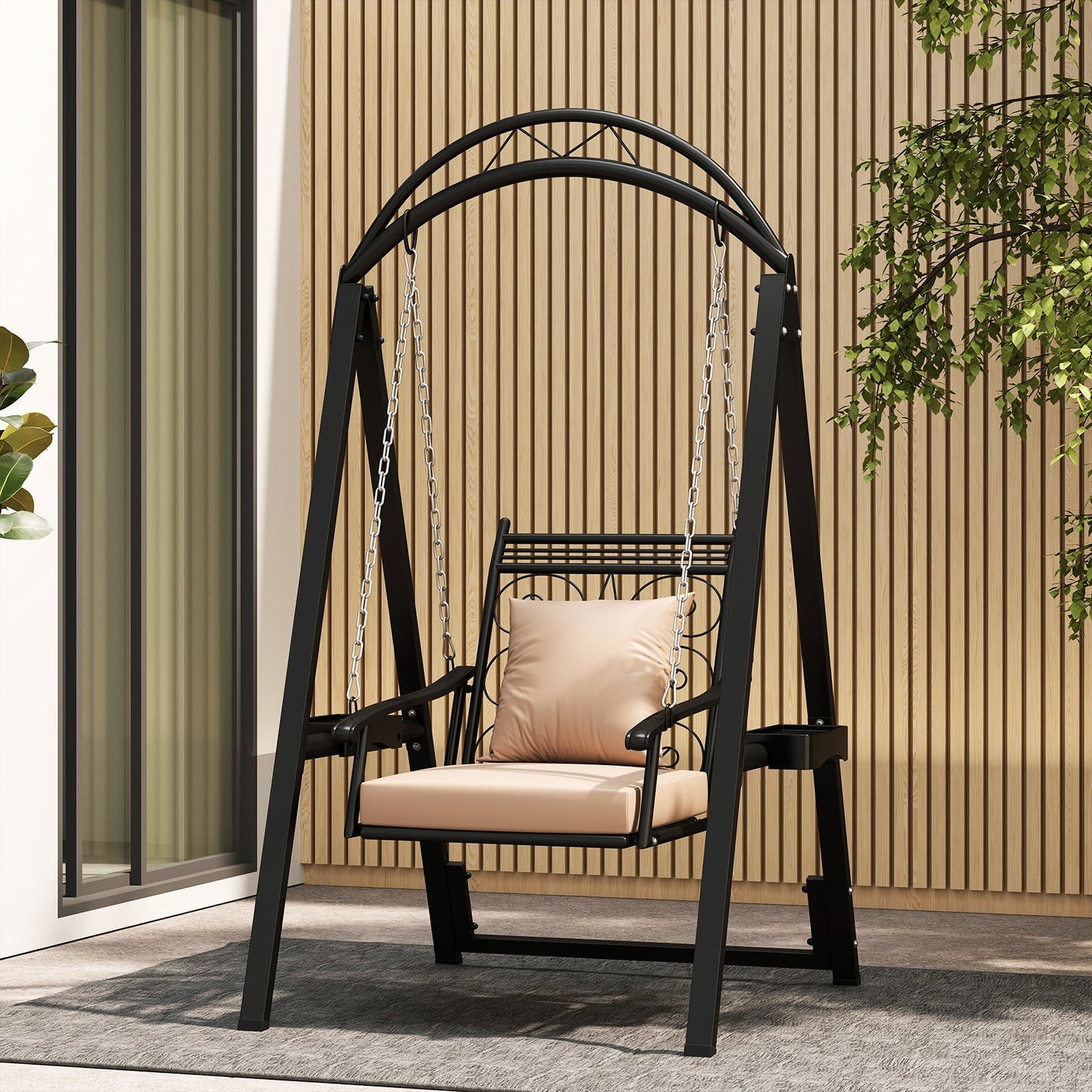 Outdoor Metal Porch Swing with Removable Cushions, Side Tables, and Leaf Pattern (Black)