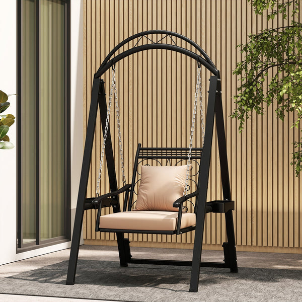 Outdoor Metal Porch Swing with Removable Cushions, Side Tables, and Leaf Pattern (Black)