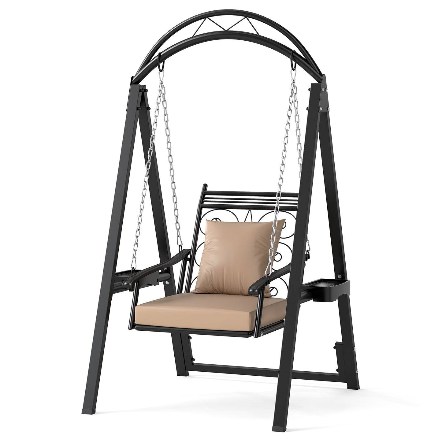Outdoor Metal Porch Swing with Removable Cushions, Side Tables, and Leaf Pattern (Black)