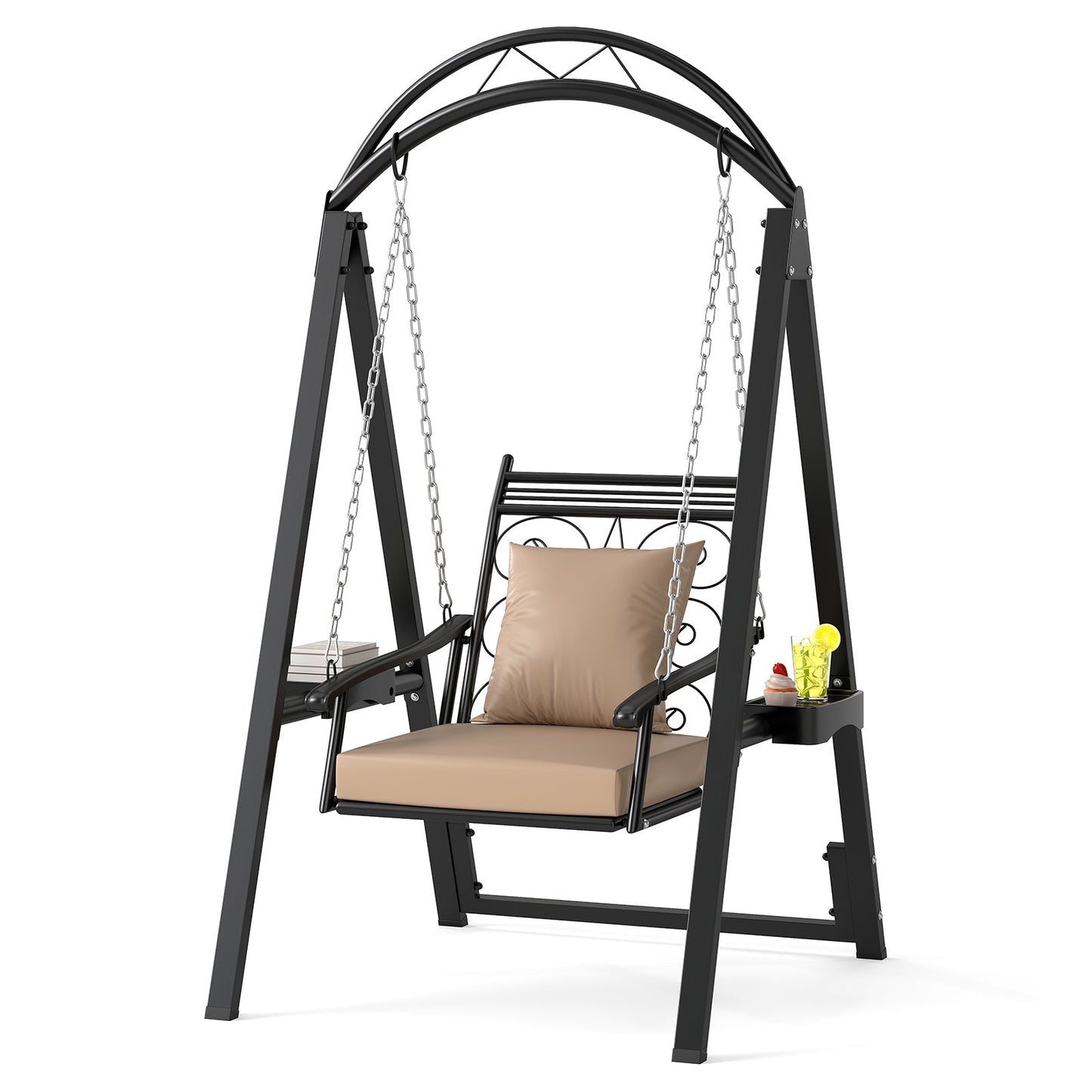Outdoor Metal Porch Swing with Removable Cushions, Side Tables, and Leaf Pattern (Black)
