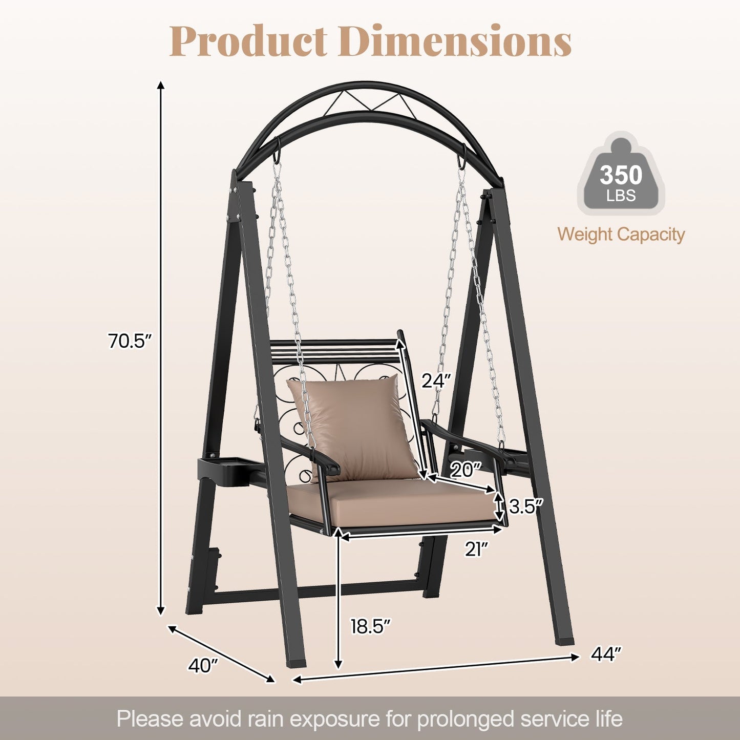 Outdoor Metal Porch Swing with Removable Cushions, Side Tables, and Leaf Pattern (Black)