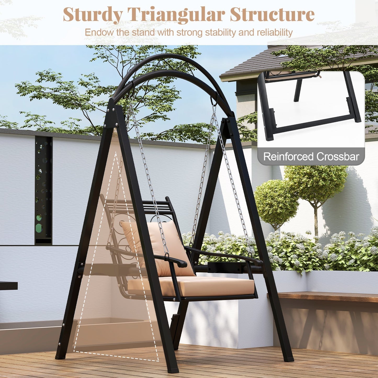 Outdoor Metal Porch Swing with Removable Cushions, Side Tables, and Leaf Pattern (Black)