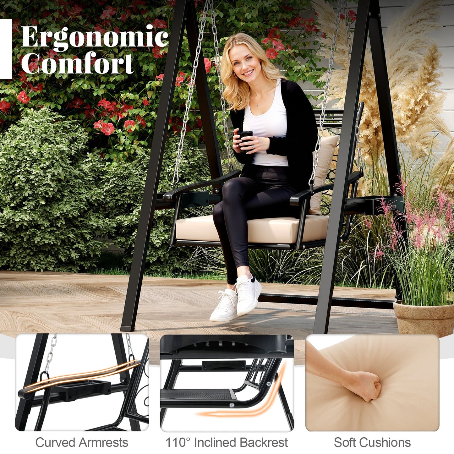 Outdoor Metal Porch Swing with Removable Cushions, Side Tables, and Leaf Pattern (Black)