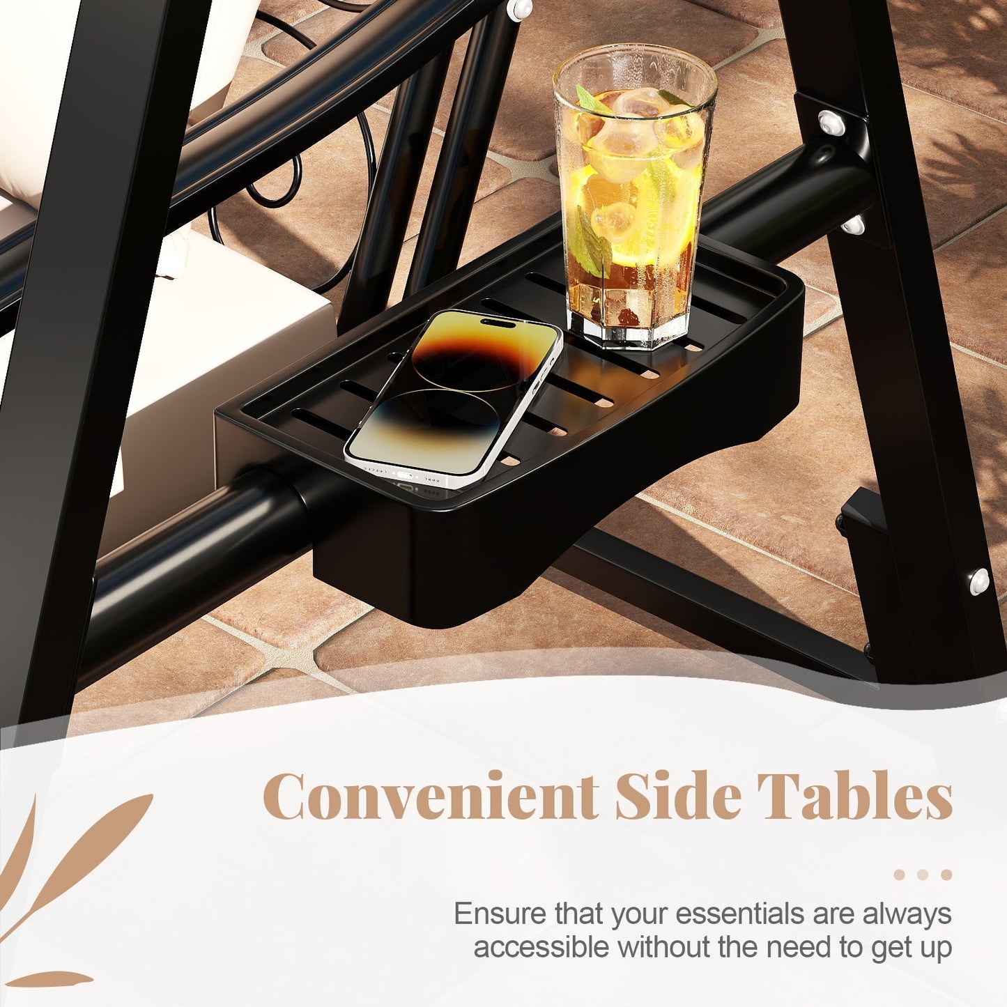 Outdoor Metal Porch Swing with Removable Cushions, Side Tables, and Leaf Pattern (Black)