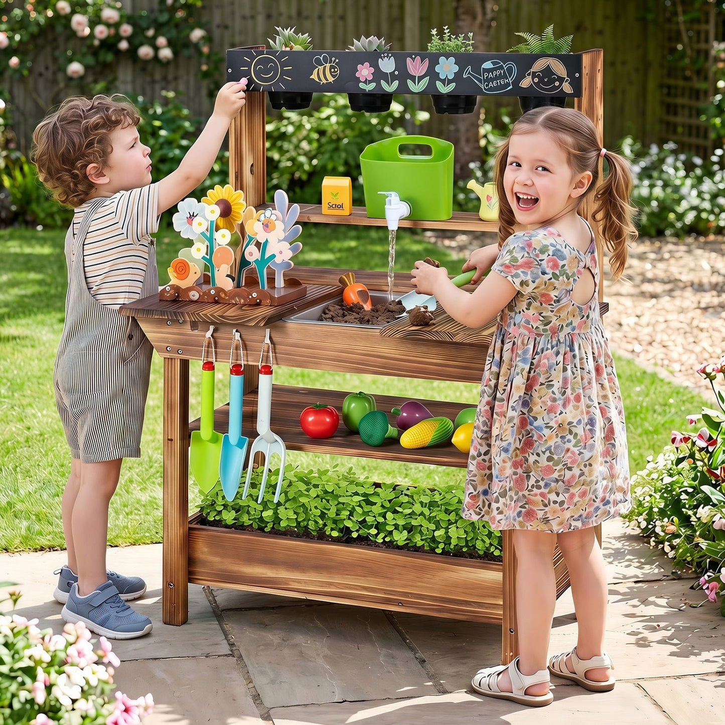 Outdoor Wooden Mud Kitchen with Water Faucet & Planter