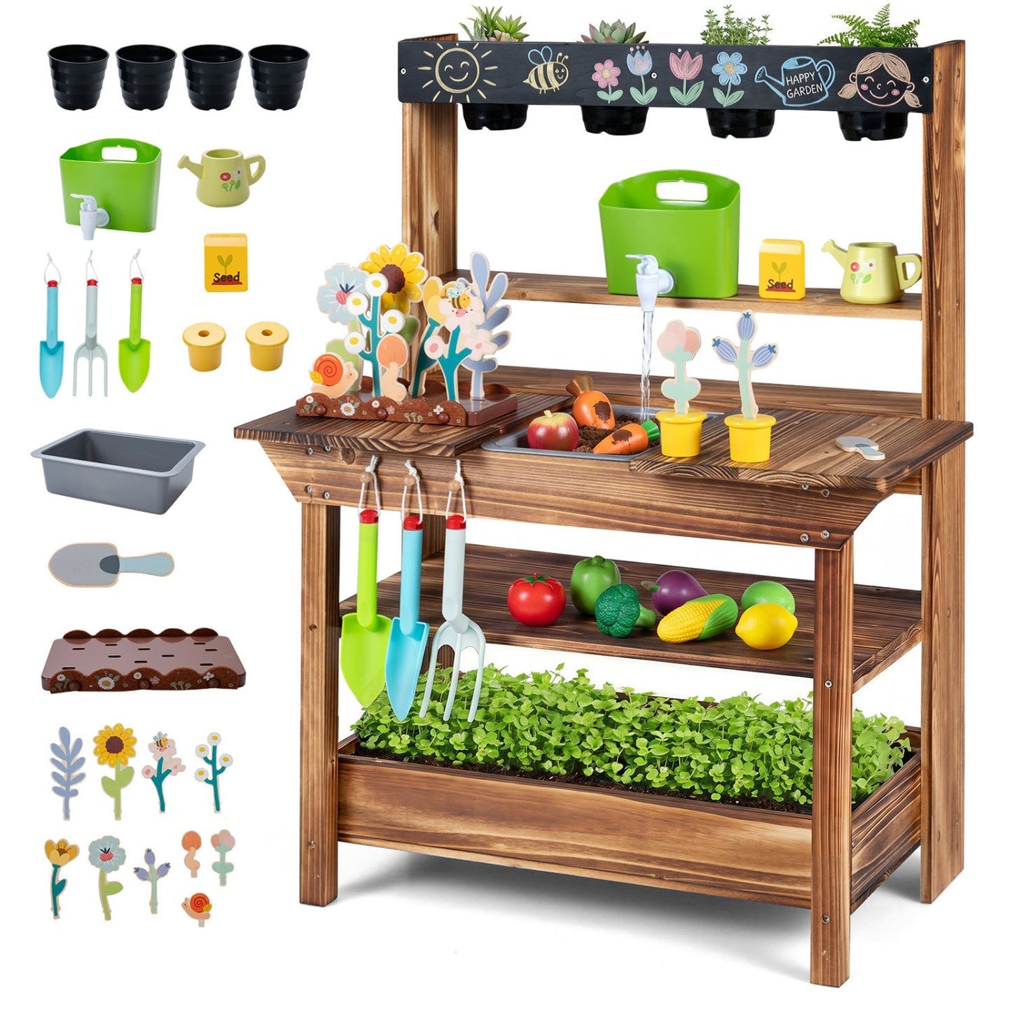 Outdoor Wooden Mud Kitchen with Water Faucet & Planter