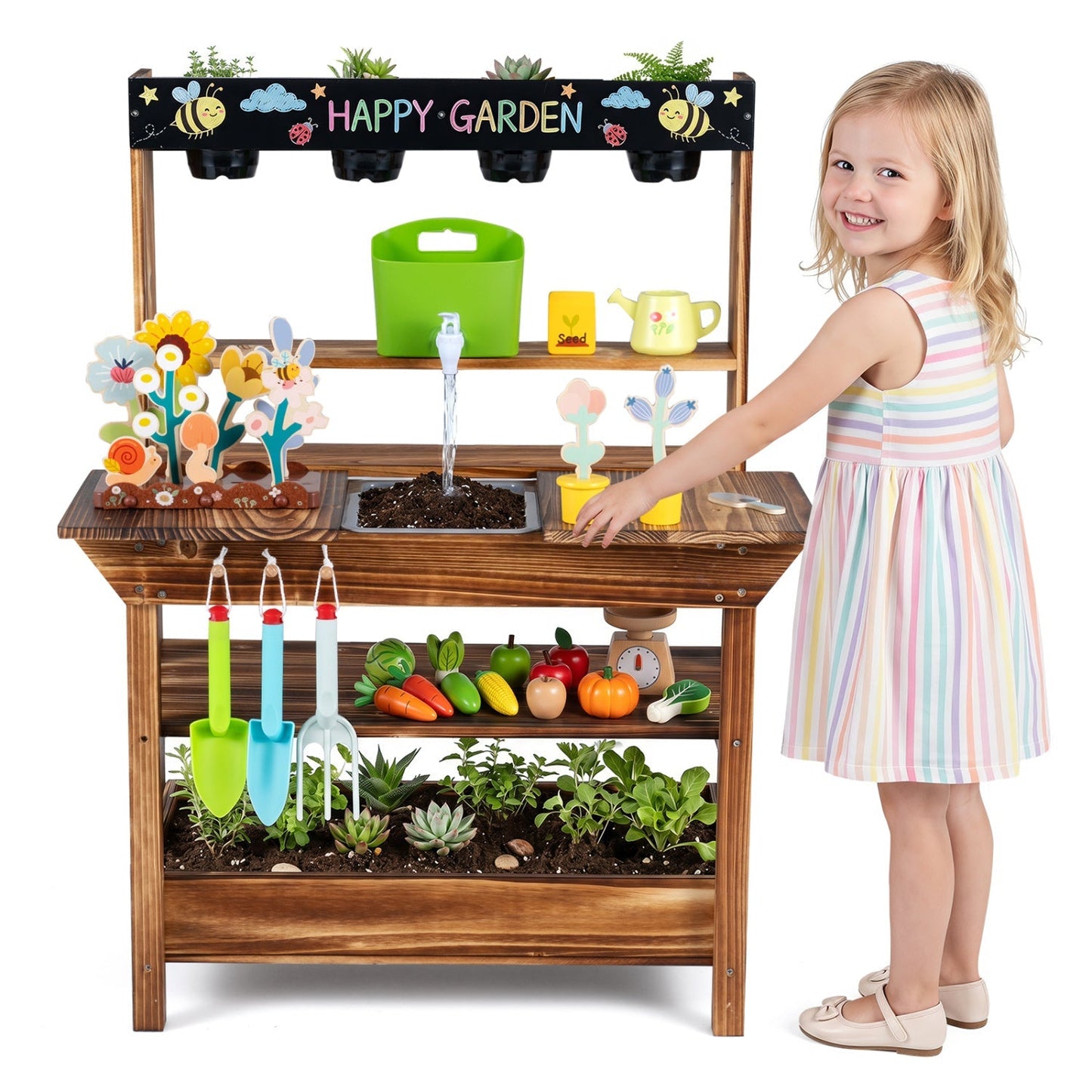 Outdoor Wooden Mud Kitchen with Water Faucet & Planter