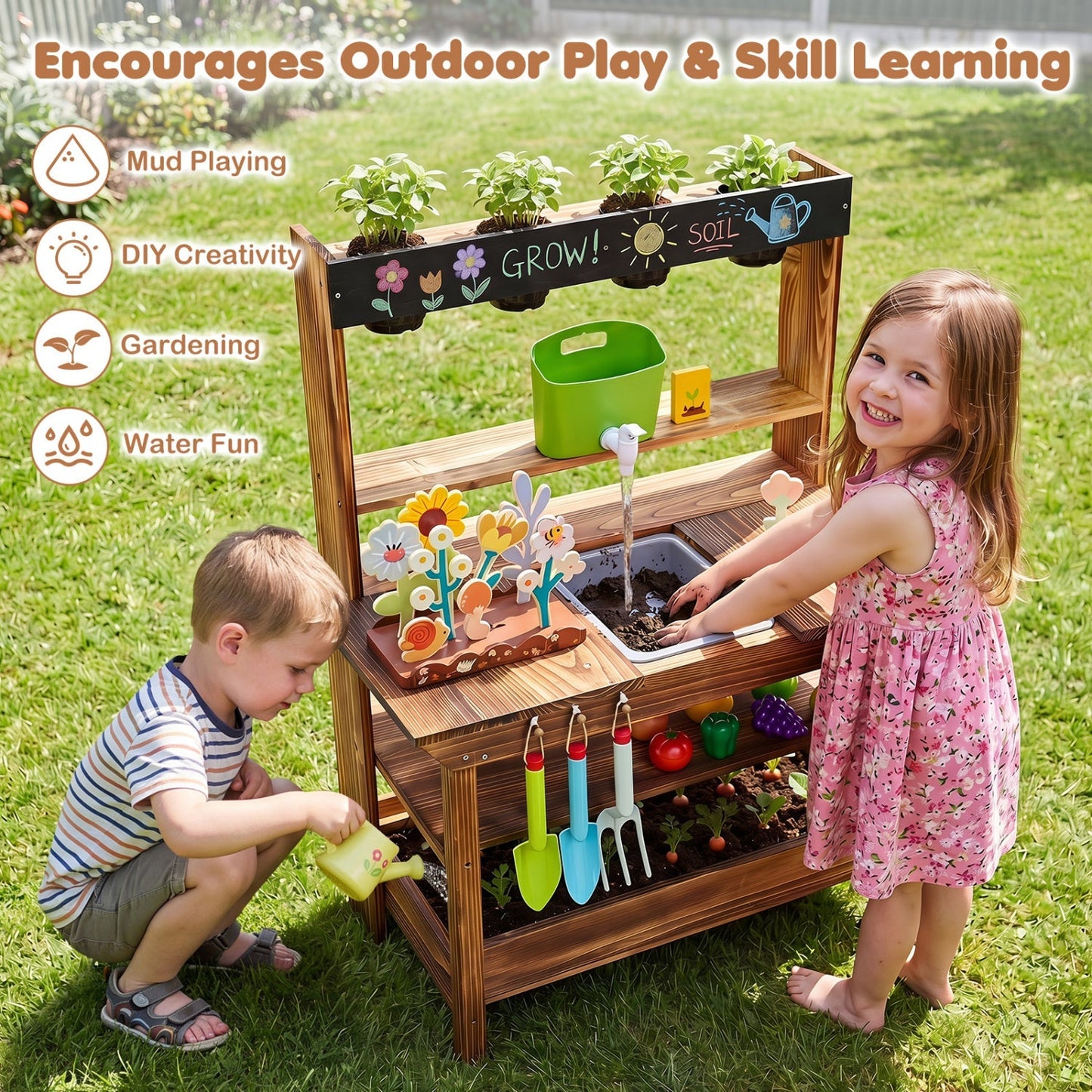 Outdoor Wooden Mud Kitchen with Water Faucet & Planter