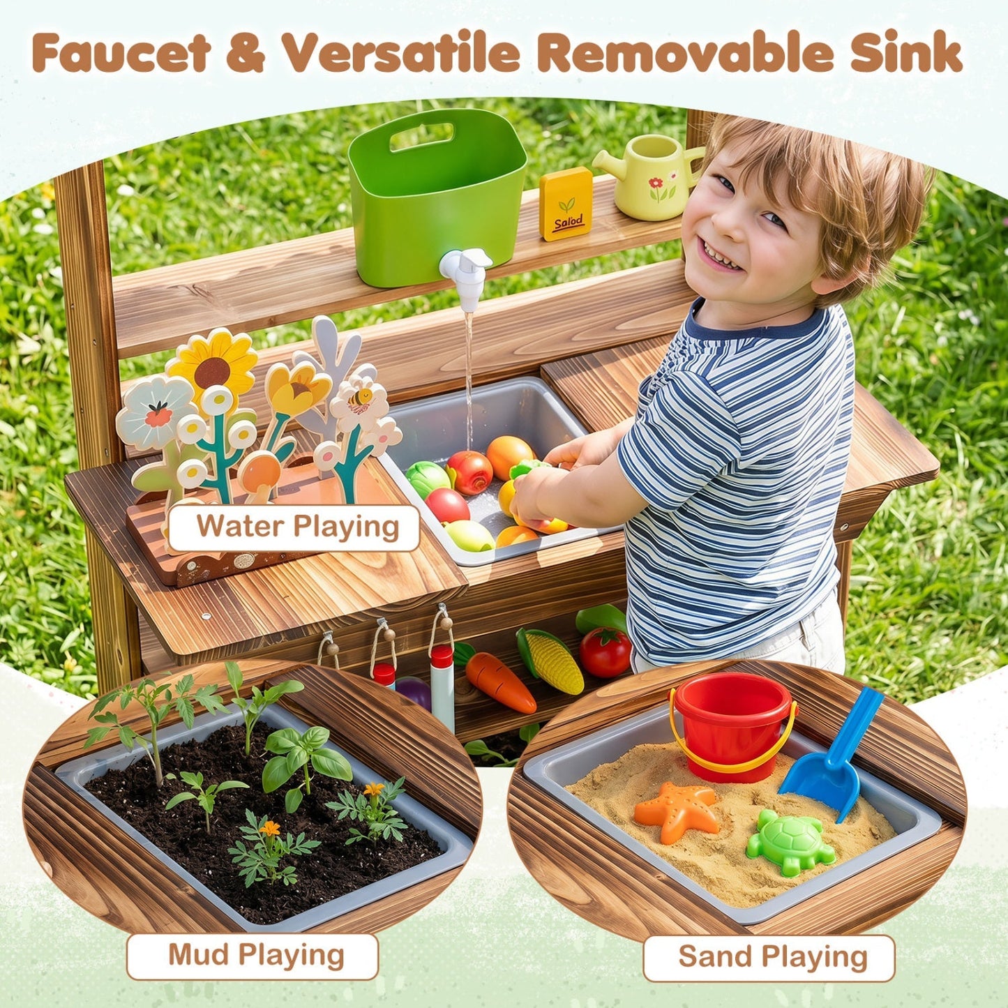 Outdoor Wooden Mud Kitchen with Water Faucet & Planter