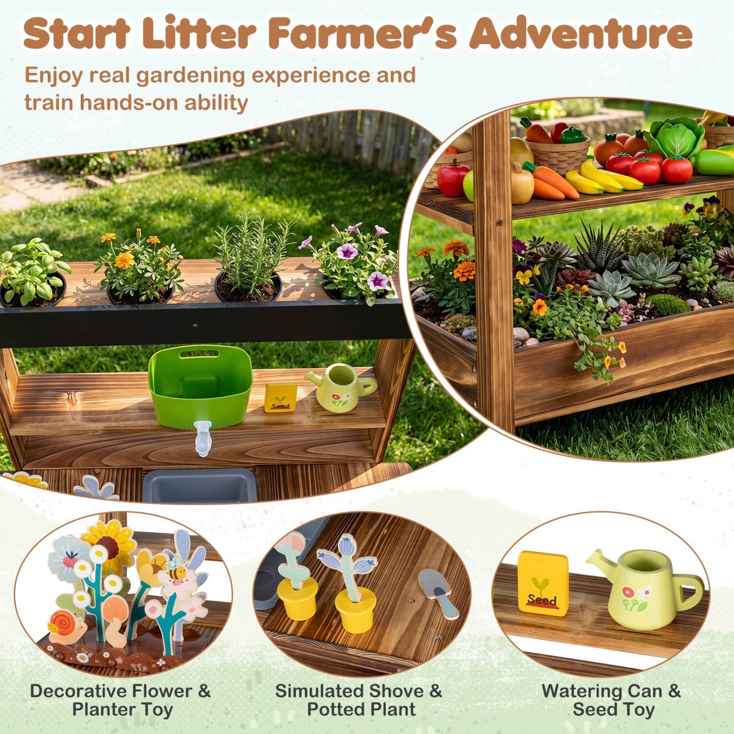 Outdoor Wooden Mud Kitchen with Water Faucet & Planter