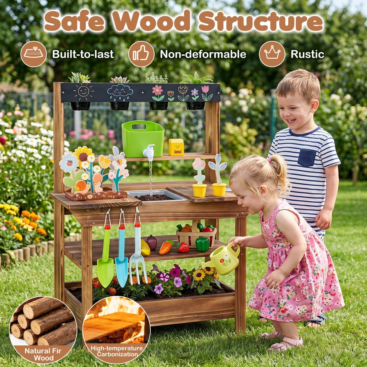 Outdoor Wooden Mud Kitchen with Water Faucet & Planter