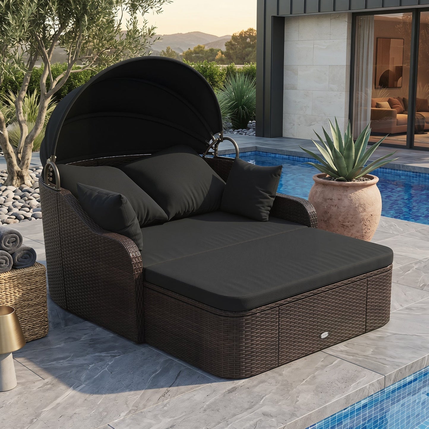 LJGDeals Outdoor Rattan Daybed with Retractable Canopy and Cushions