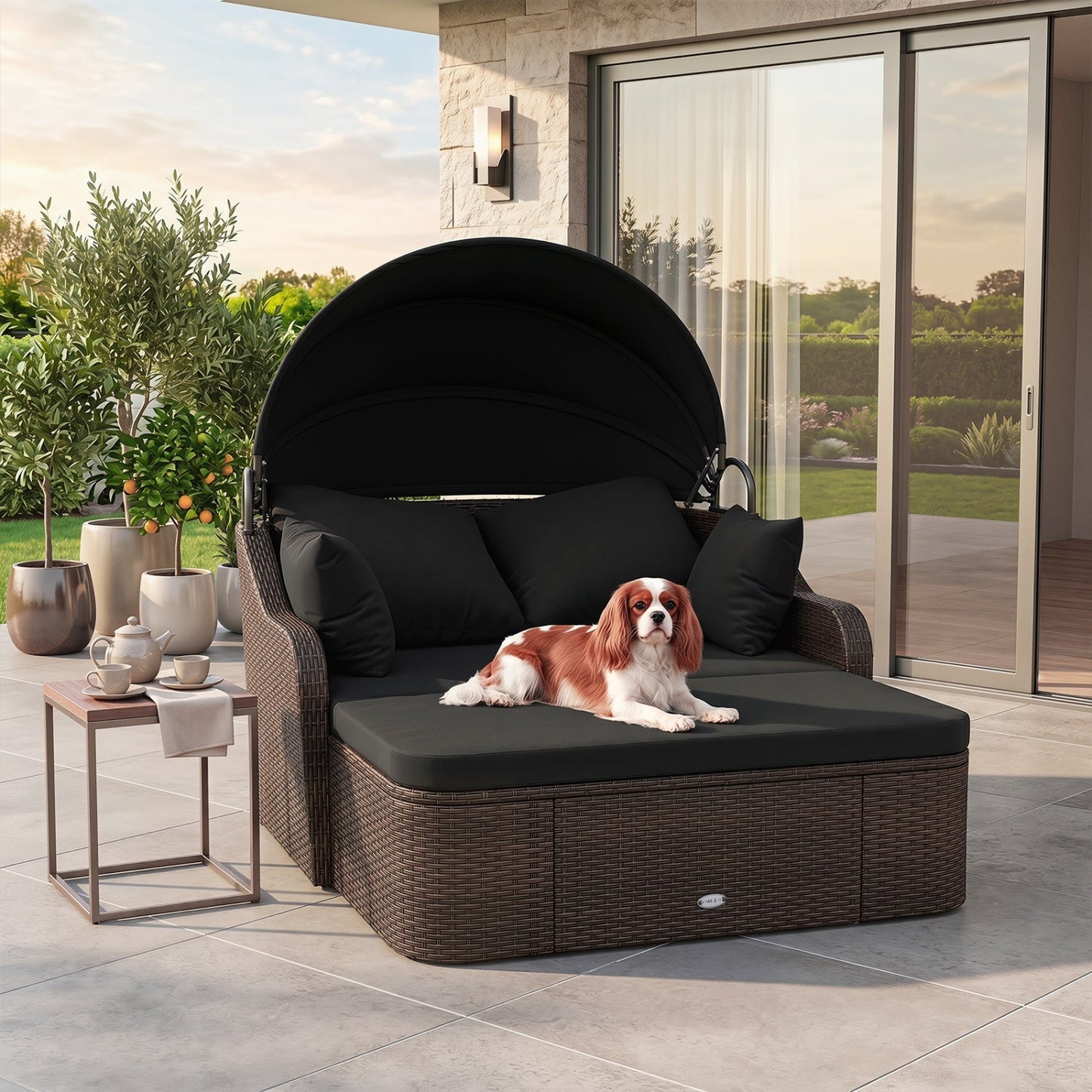 LJGDeals Outdoor Rattan Daybed with Retractable Canopy and Cushions