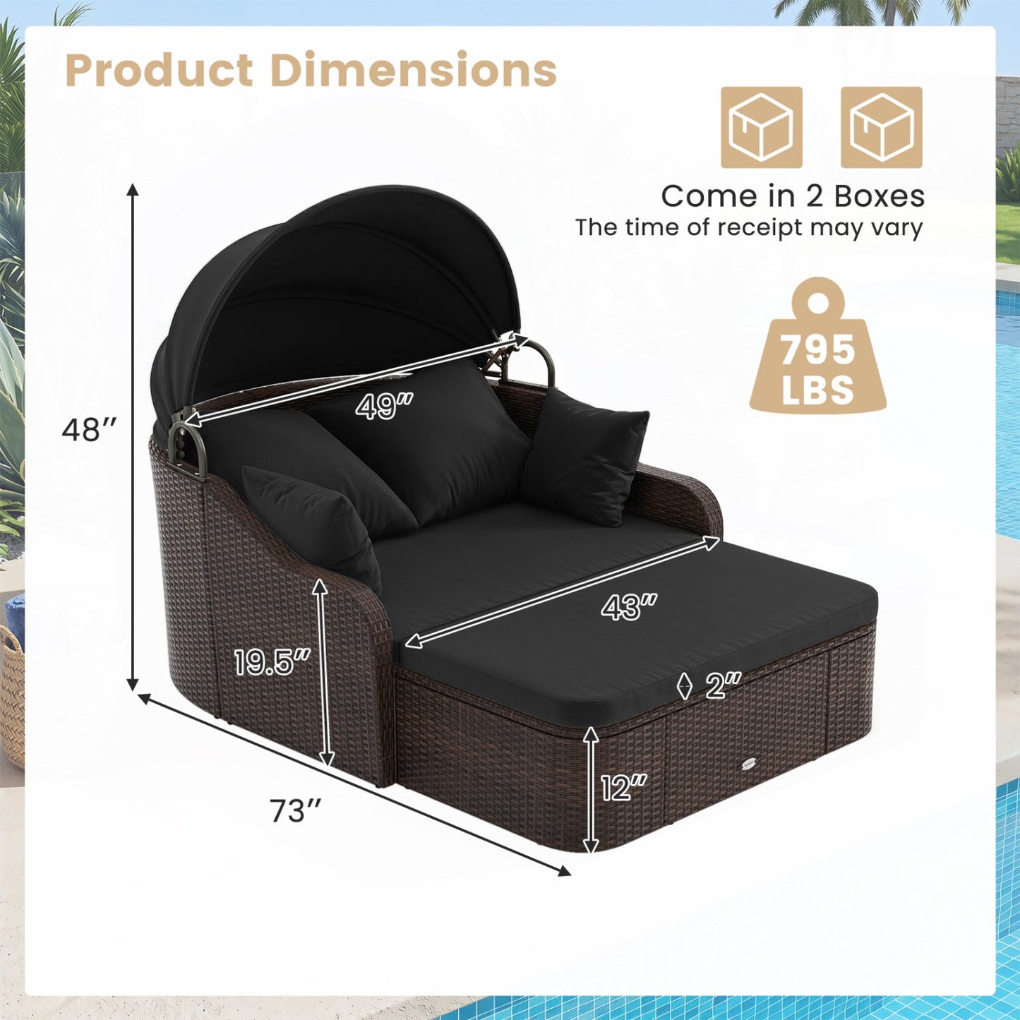 LJGDeals Outdoor Rattan Daybed with Retractable Canopy and Cushions
