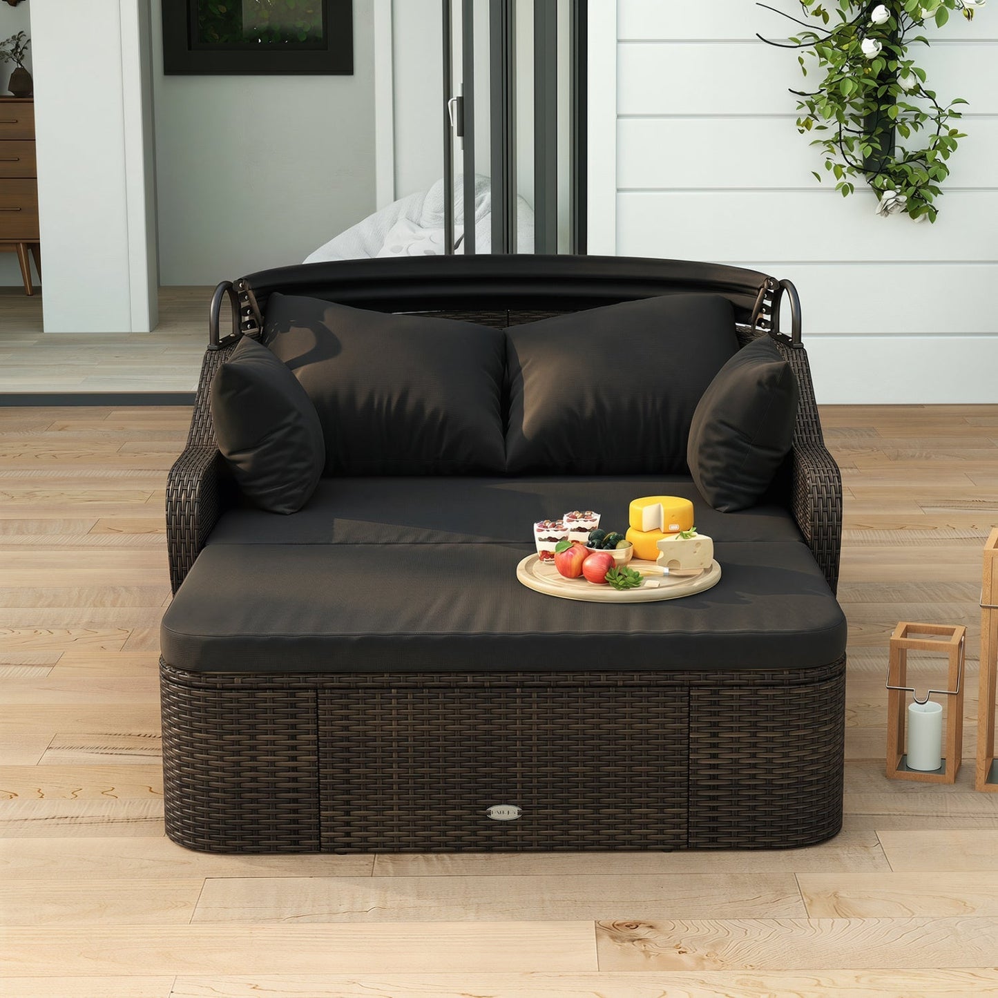 LJGDeals Outdoor Rattan Daybed with Retractable Canopy and Cushions