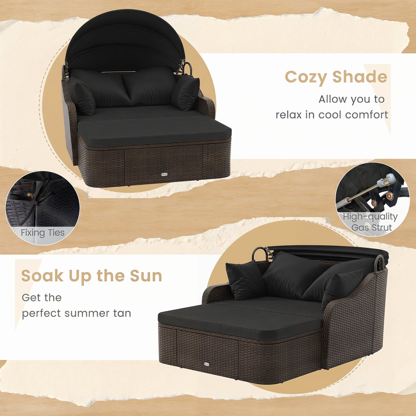 LJGDeals Outdoor Rattan Daybed with Retractable Canopy and Cushions