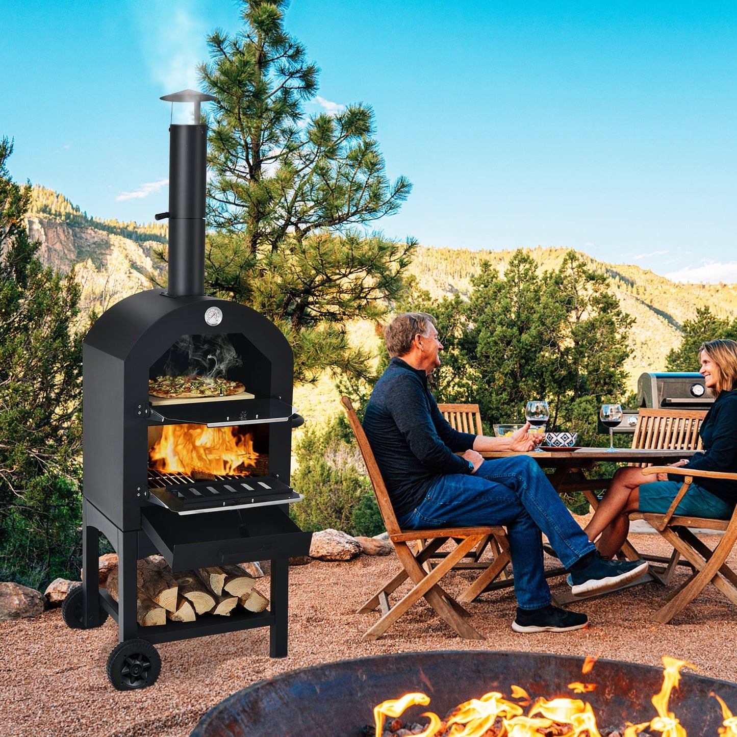 Portable Outdoor Pizza Oven with Cordierite Stone and Waterproof Cover