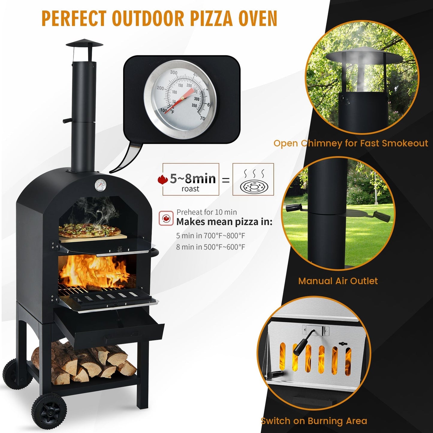 Portable Outdoor Pizza Oven with Cordierite Stone and Waterproof Cover