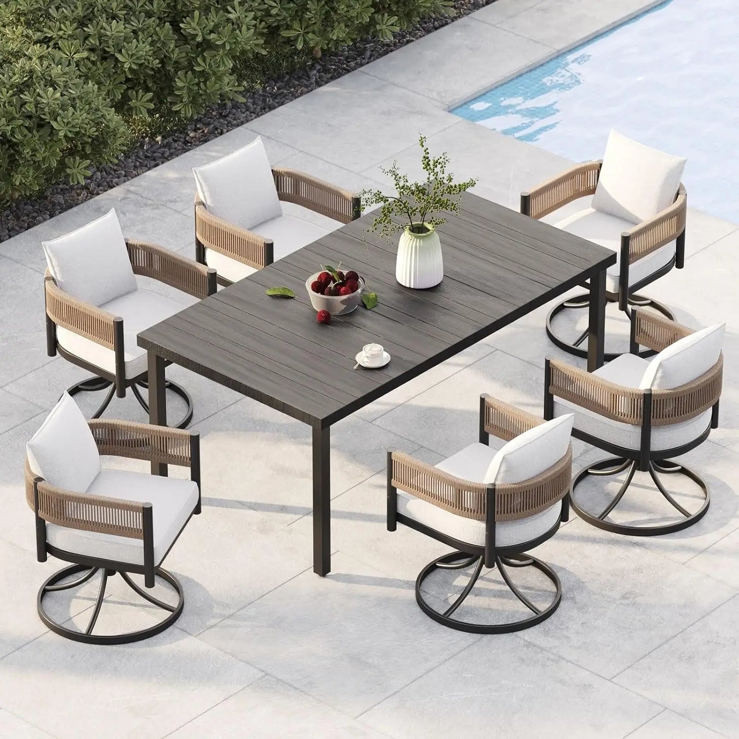 S & B Enterprise Outdoor Dining Set with Woven Metal Chairs and Cushions