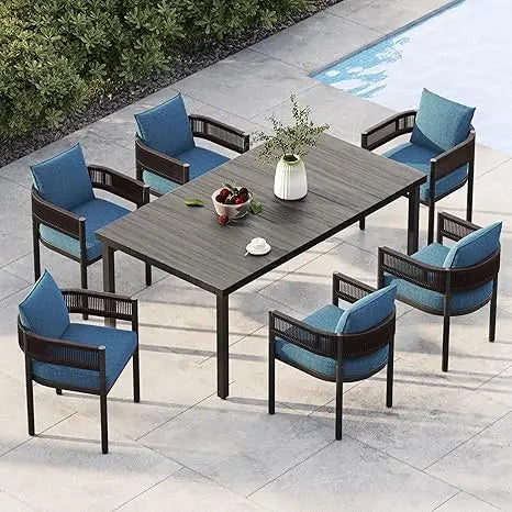S & B Enterprise Outdoor Dining Set with Woven Metal Chairs and Cushions