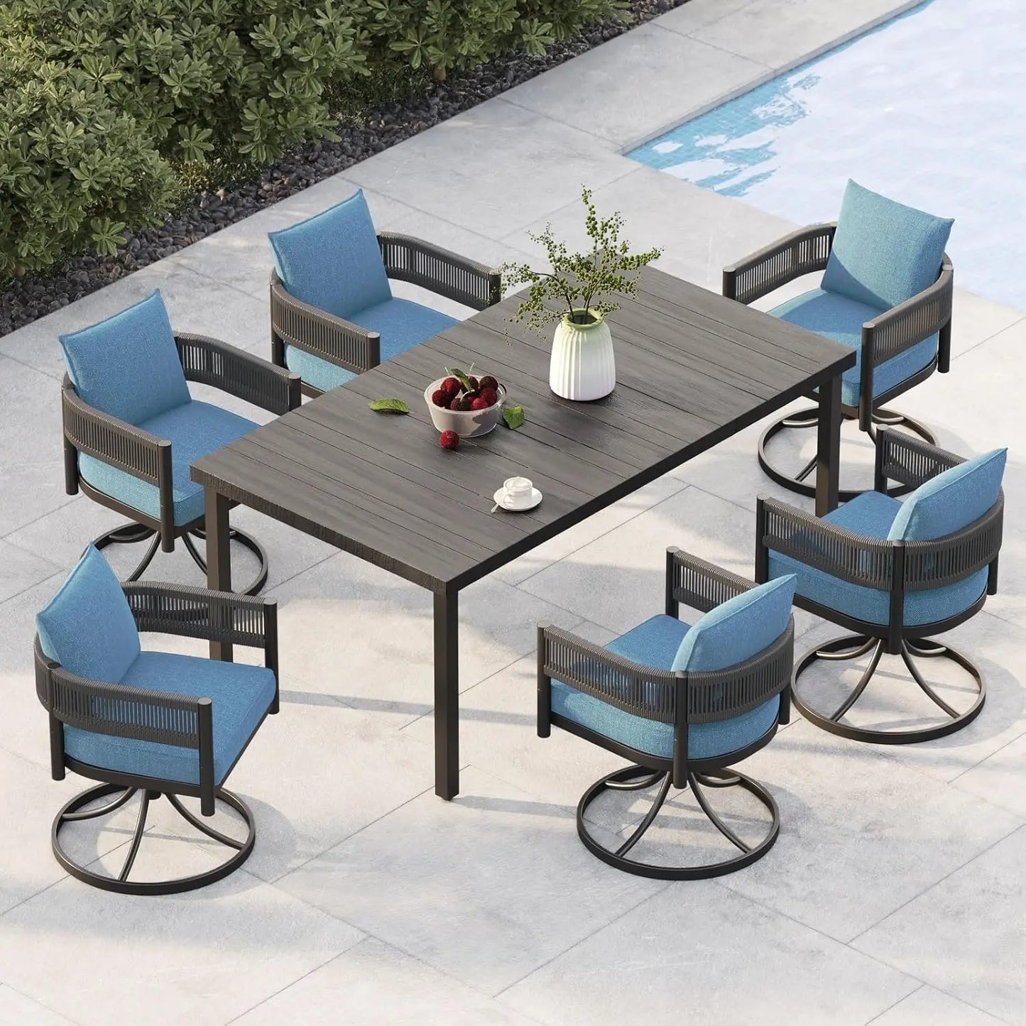 S & B Enterprise Outdoor Dining Set with Woven Metal Chairs and Cushions