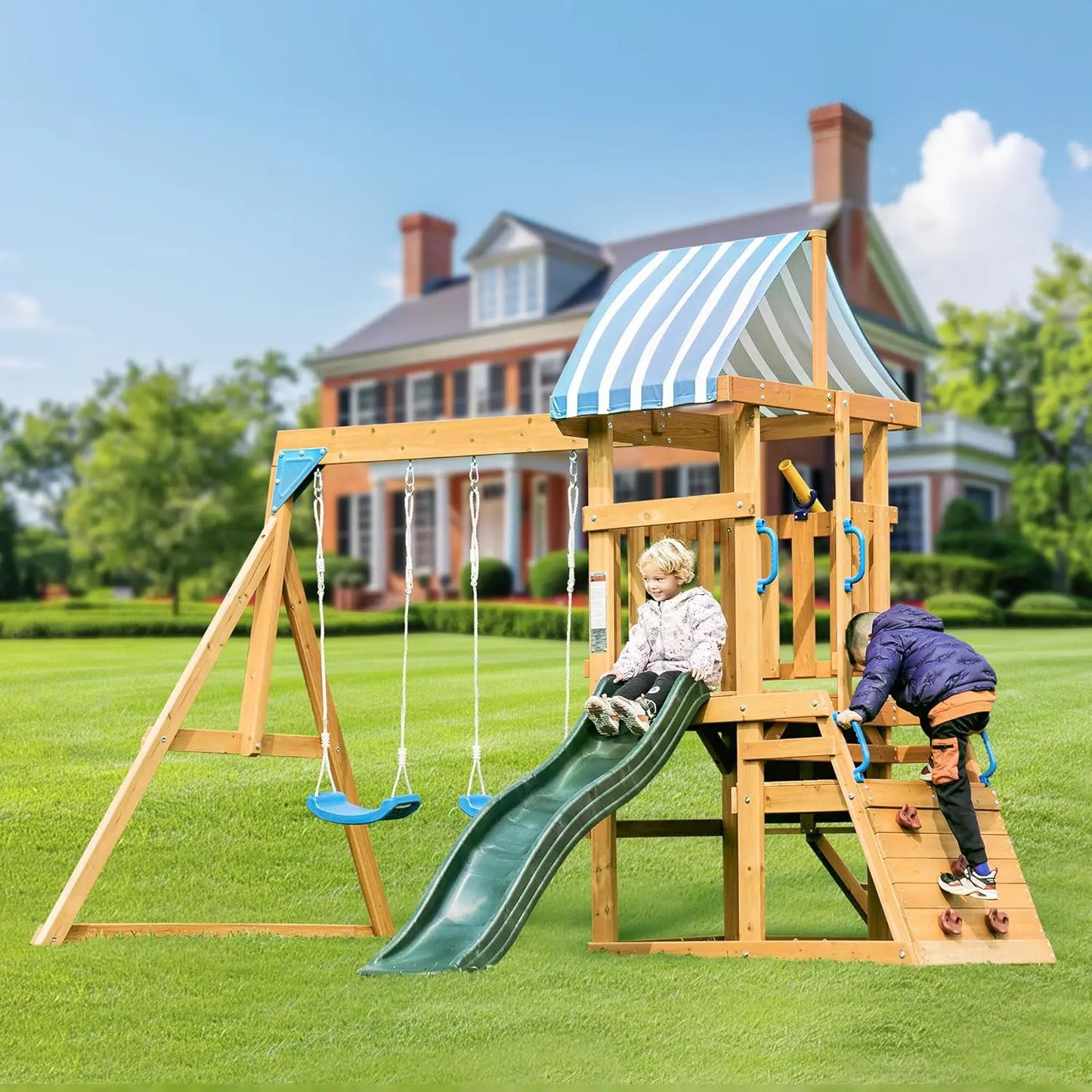 Rolife Wooden Backyard Swing Set with Dual Swings, Rock Climbing Wall, Wave Slide & Playset Canopy