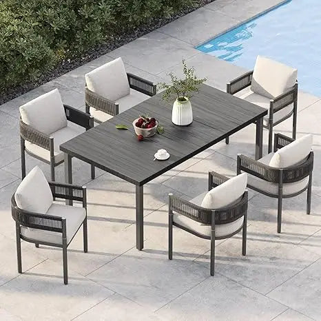 S & B Enterprise Outdoor Dining Set with Woven Metal Chairs and Cushions