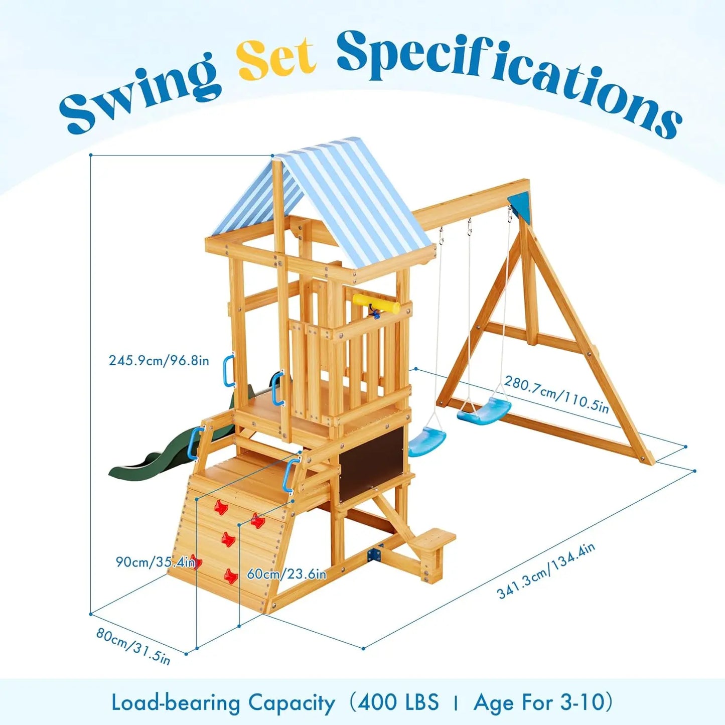 Rolife Wooden Backyard Swing Set with Dual Swings, Rock Climbing Wall, Wave Slide & Playset Canopy