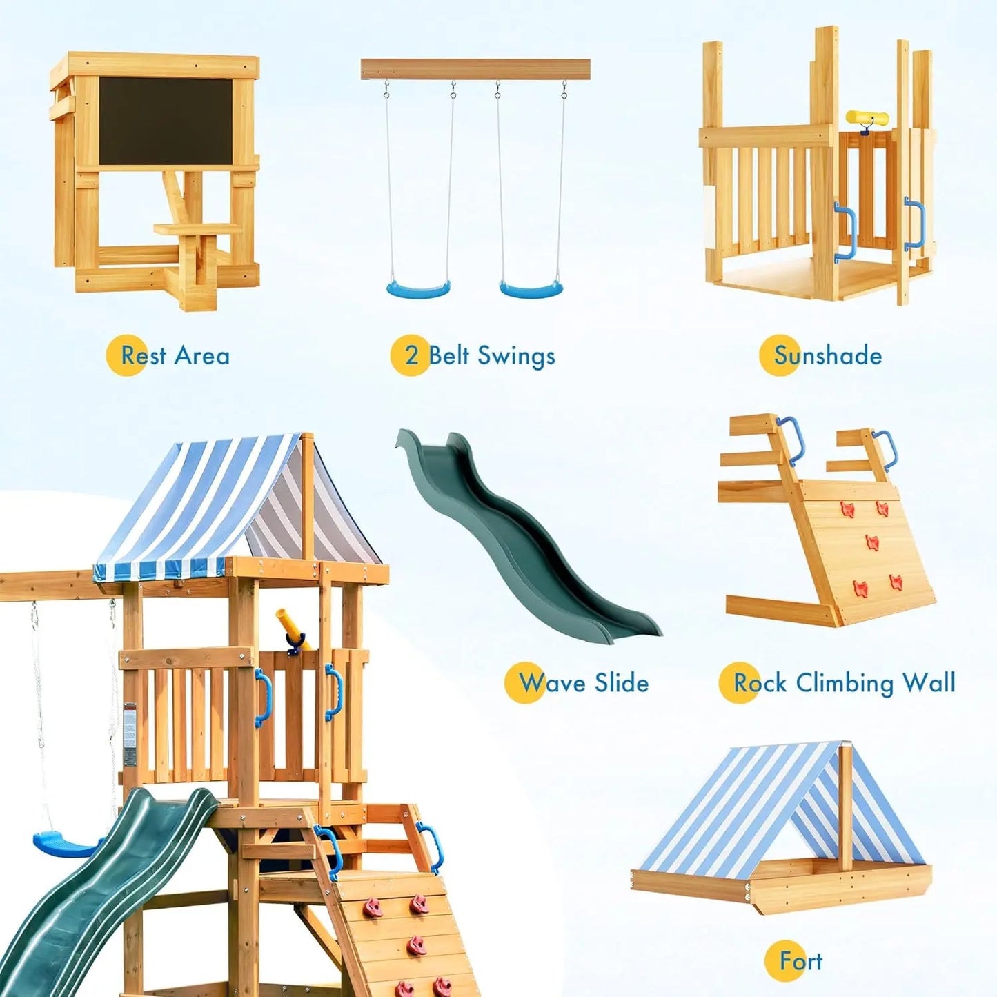 Rolife Wooden Backyard Swing Set with Dual Swings, Rock Climbing Wall, Wave Slide & Playset Canopy