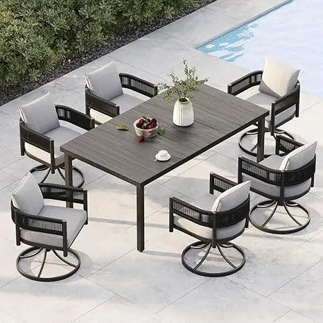 S & B Enterprise Outdoor Dining Set with Woven Metal Chairs and Cushions