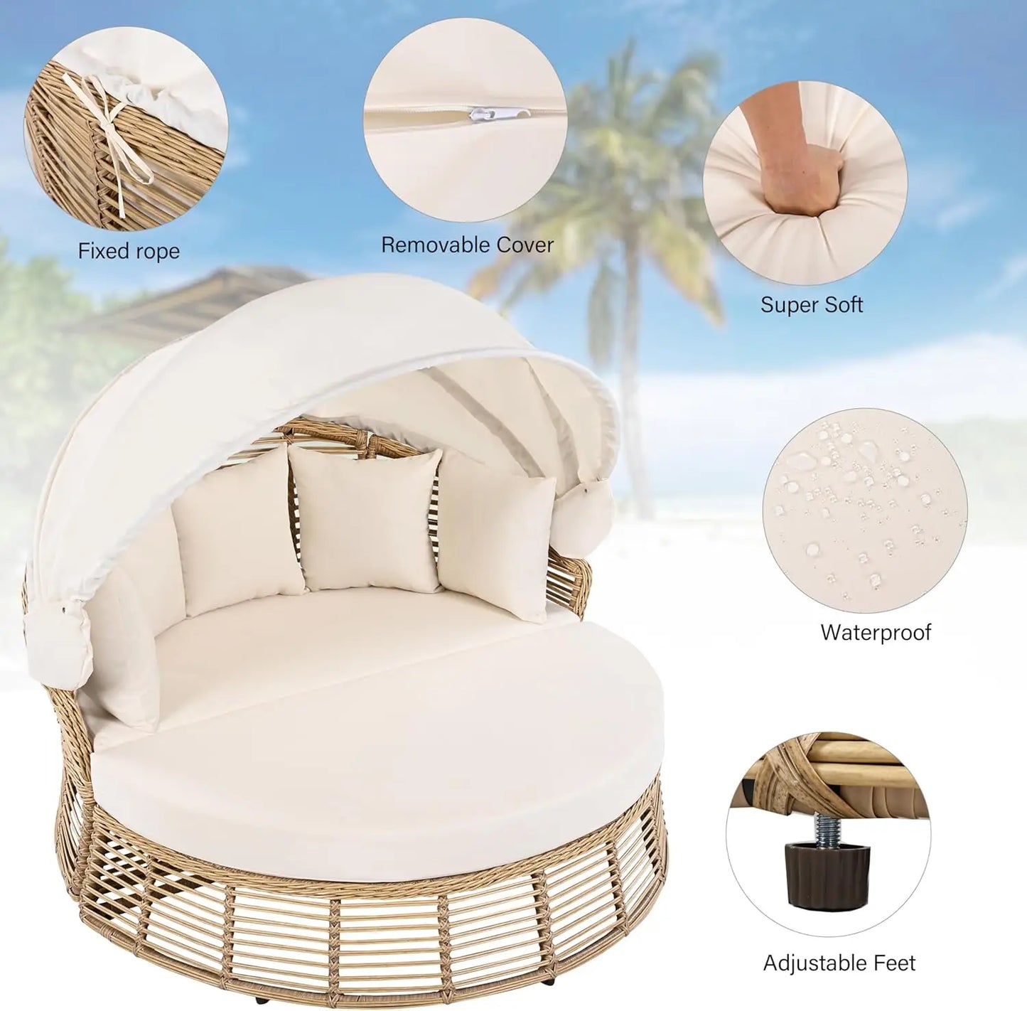 Outdoor Rattan Round Daybed With Retractable Canopy Removable Cushions