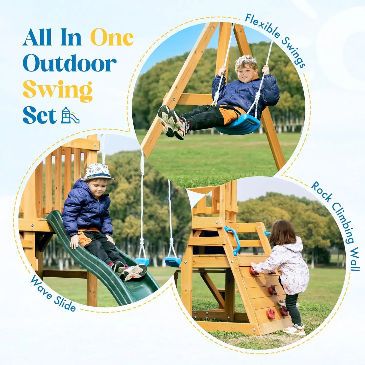 Rolife Wooden Backyard Swing Set with Dual Swings, Rock Climbing Wall, Wave Slide & Playset Canopy