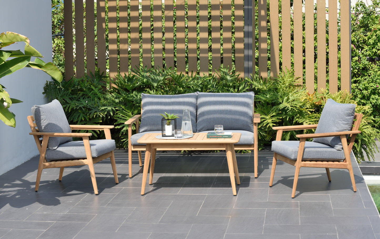 Eve FSC Teak Outdoor Deep Seating Conversation Set with Premium Cushions