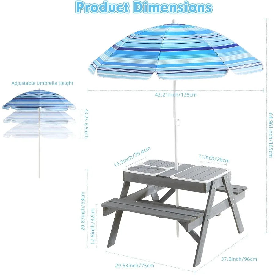 XIUWO 3in1 Kids Picnic Table With Sand Water Sensory