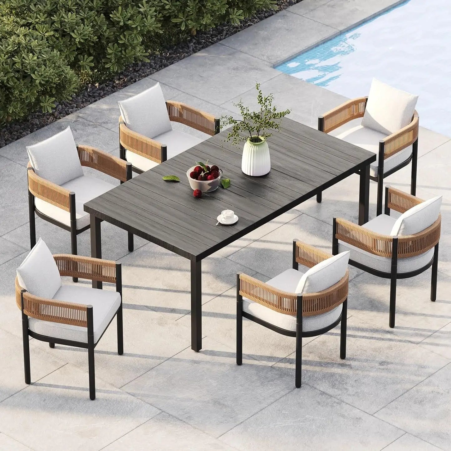 S & B Enterprise Outdoor Dining Set with Woven Metal Chairs and Cushions