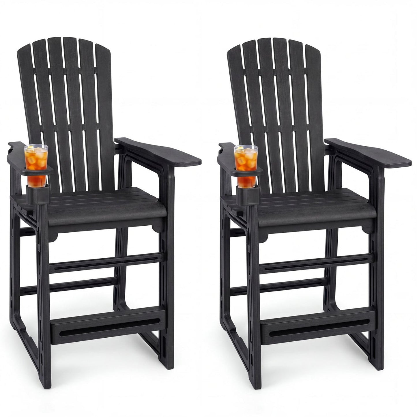 Outdoor HDPE Bar Stool Set of 2 with Backrest, Armrests, and Cup Holder (29-Inch)