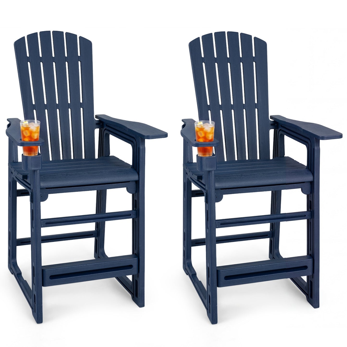 Outdoor HDPE Bar Stool Set of 2 with Backrest, Armrests, and Cup Holder (29-Inch)