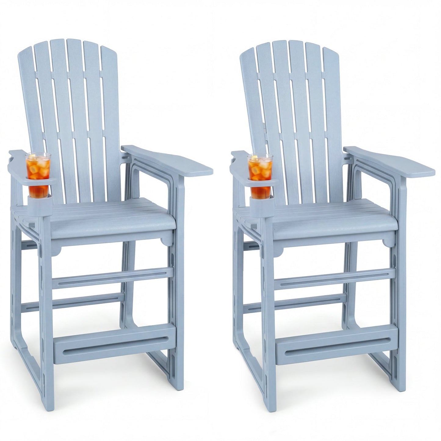 Outdoor HDPE Bar Stool Set of 2 with Backrest, Armrests, and Cup Holder (29-Inch)