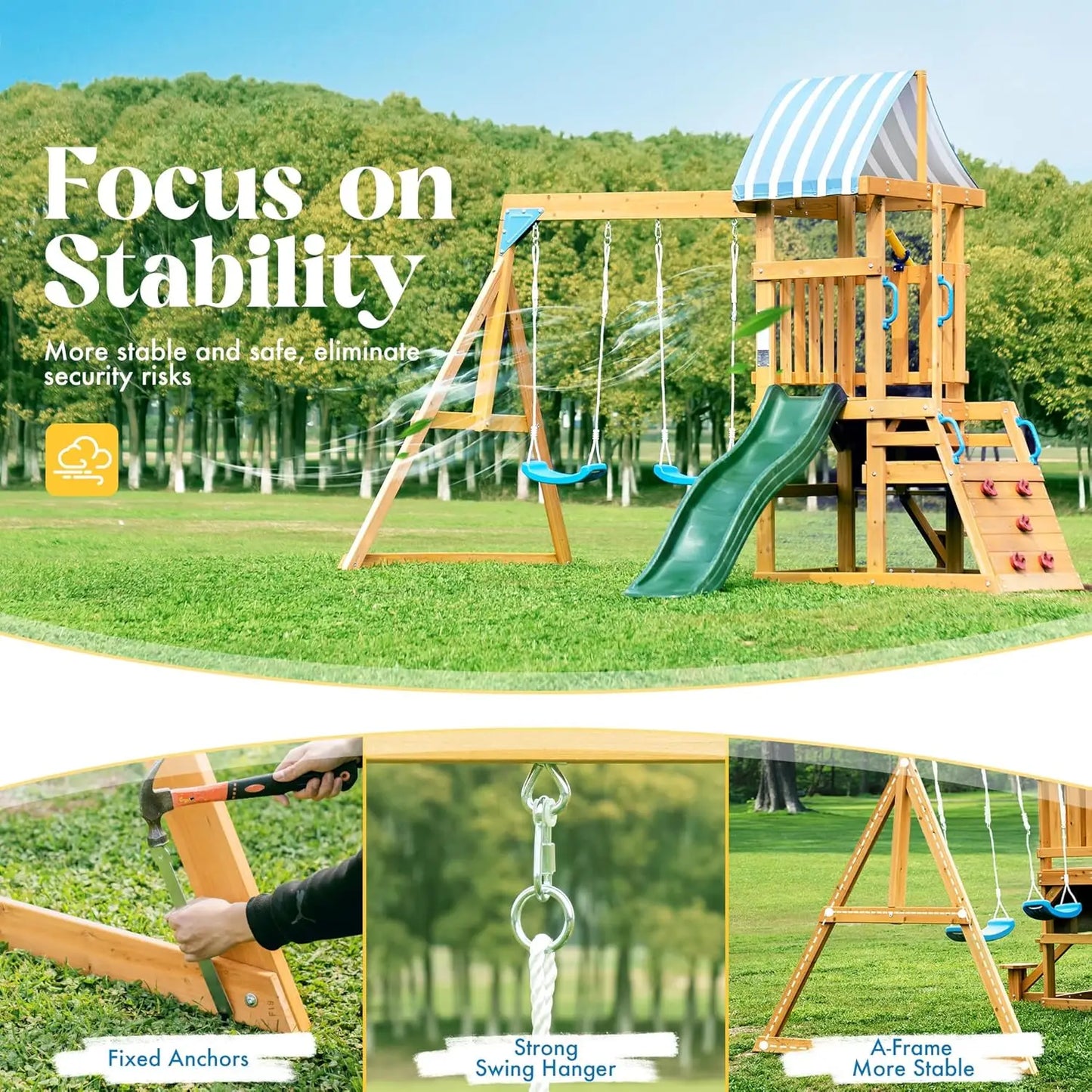 Rolife Wooden Backyard Swing Set with Dual Swings, Rock Climbing Wall, Wave Slide & Playset Canopy