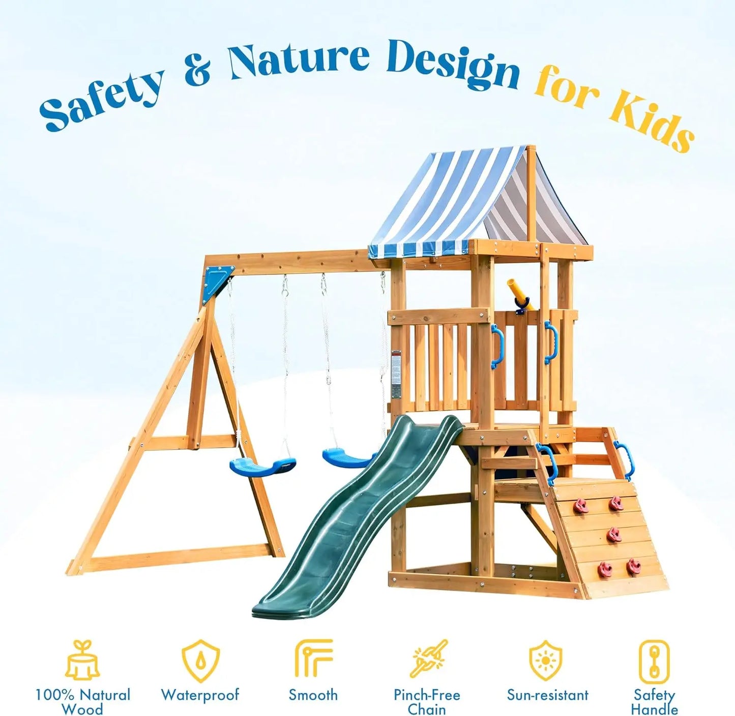 Rolife Wooden Backyard Swing Set with Dual Swings, Rock Climbing Wall, Wave Slide & Playset Canopy