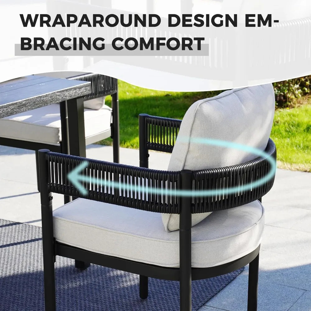 S & B Enterprise Outdoor Dining Set with Woven Metal Chairs and Cushions