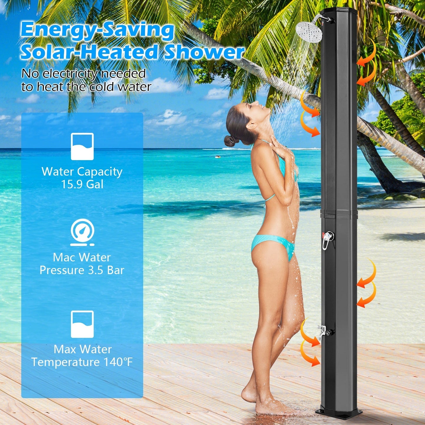 LJGDeals 7.5-Foot Solar Heated Outdoor Shower with 15.9 Gallon Reservoir & Foot Wash (Black)