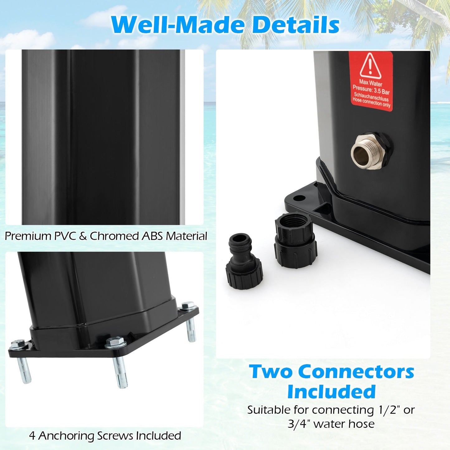 LJGDeals 7.5-Foot Solar Heated Outdoor Shower with 15.9 Gallon Reservoir & Foot Wash (Black)