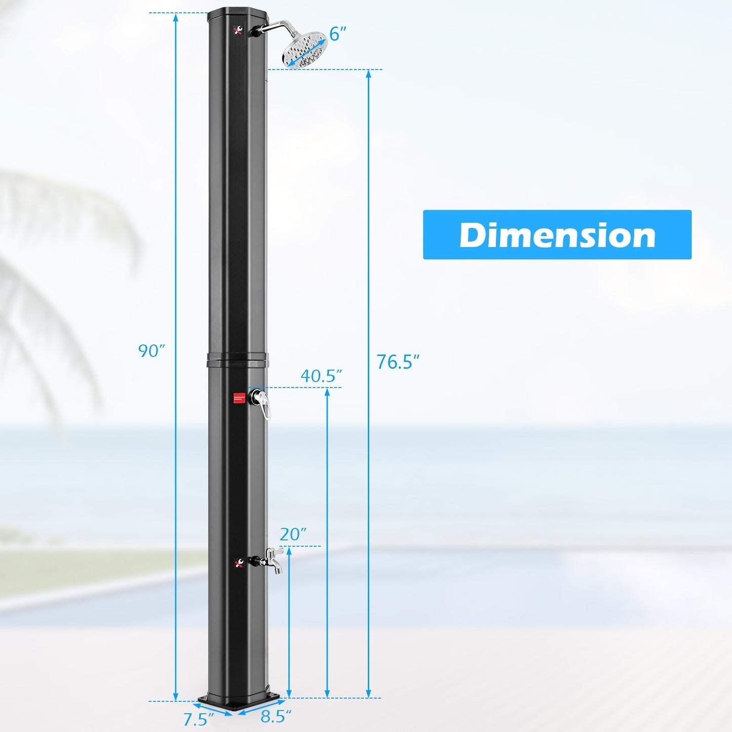 LJGDeals 7.5-Foot Solar Heated Outdoor Shower with 15.9 Gallon Reservoir & Foot Wash (Black)