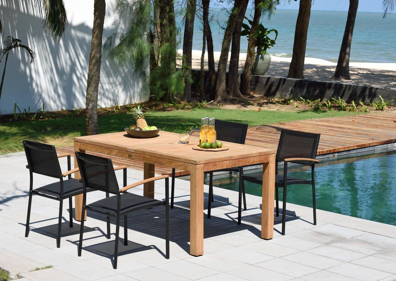 LifestyleGarden US Rinjani Teak Rectangular Table and 4 Vera Stacking Armchairs Set