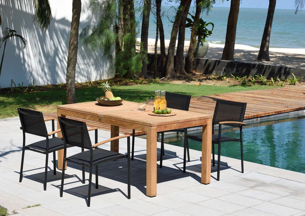LifestyleGarden US Rinjani Teak Rectangular Table and 4 Vera Stacking Armchairs Set